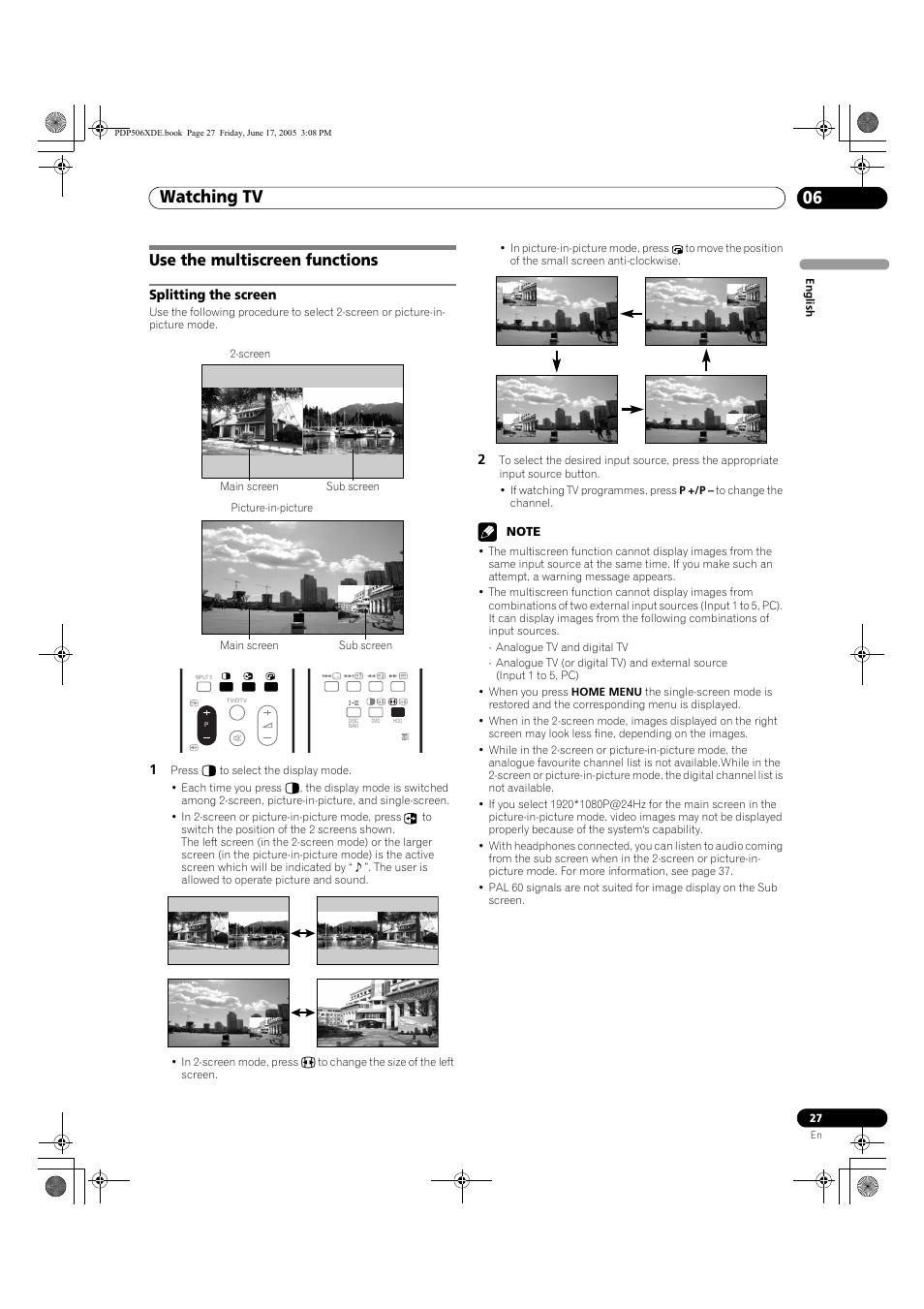 Use the multiscreen functions, Splitting the screen, Watching tv 06 | Pioneer PDP-506XDE User Manual | Page 27 / 236