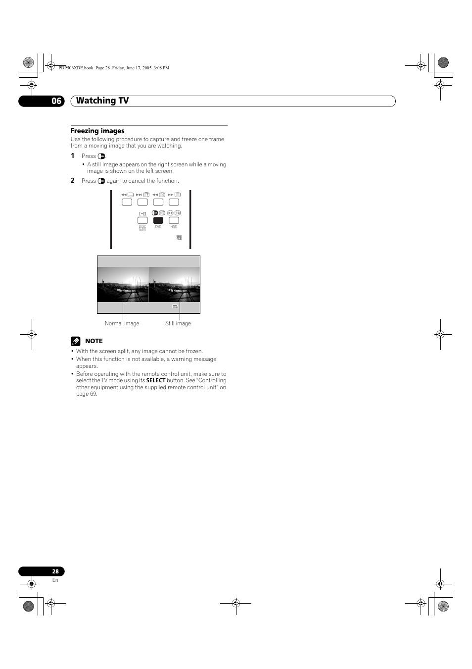 Freezing images, Watching tv 06 | Pioneer PDP-506XDE User Manual | Page 28 / 236