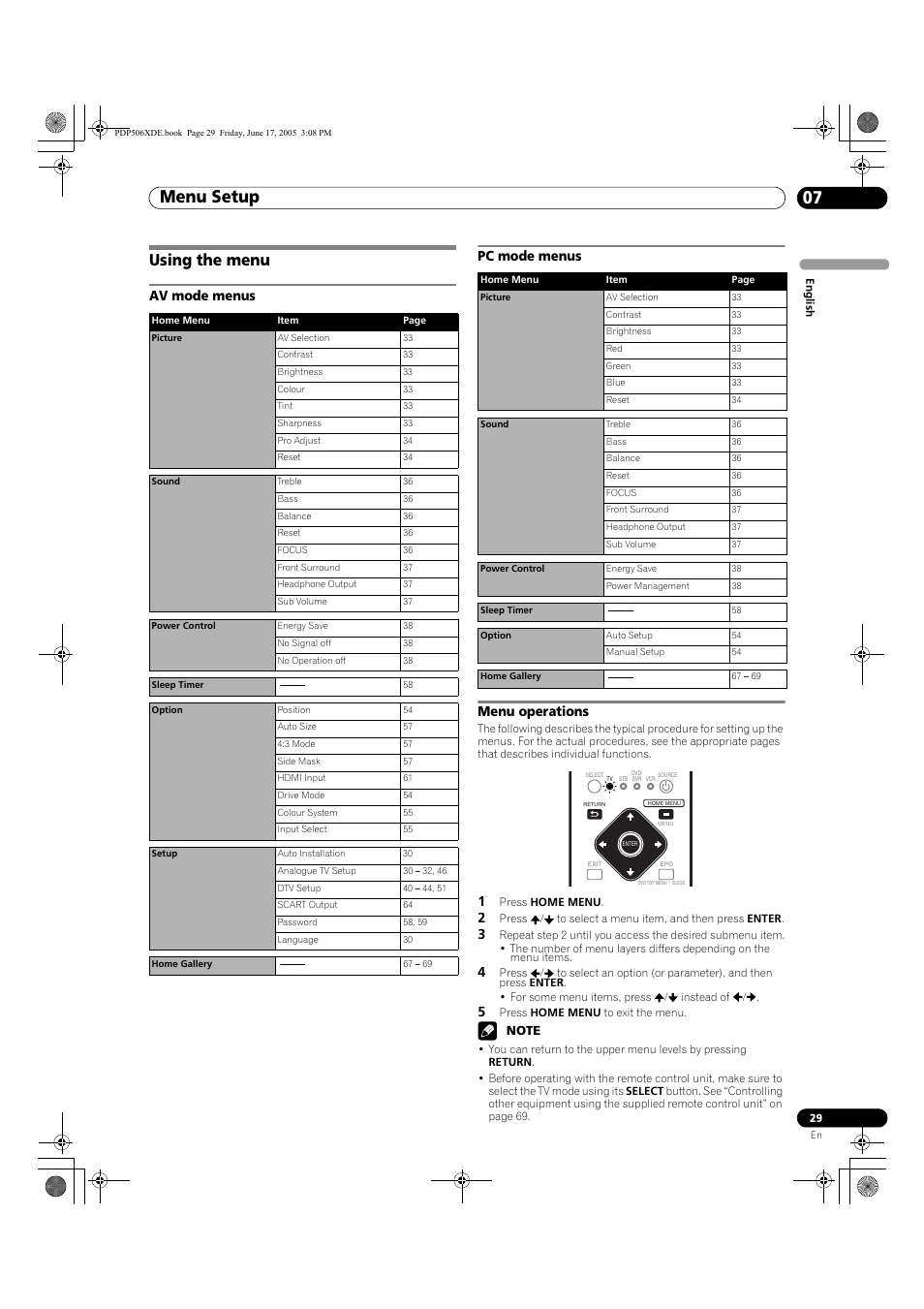 07 menu setup, Using the menu, Av mode menus pc mode menus | Menu operations, Menu setup 07, Menu setup, Av mode menus pc mode menus menu operations | Pioneer PDP-506XDE User Manual | Page 29 / 236