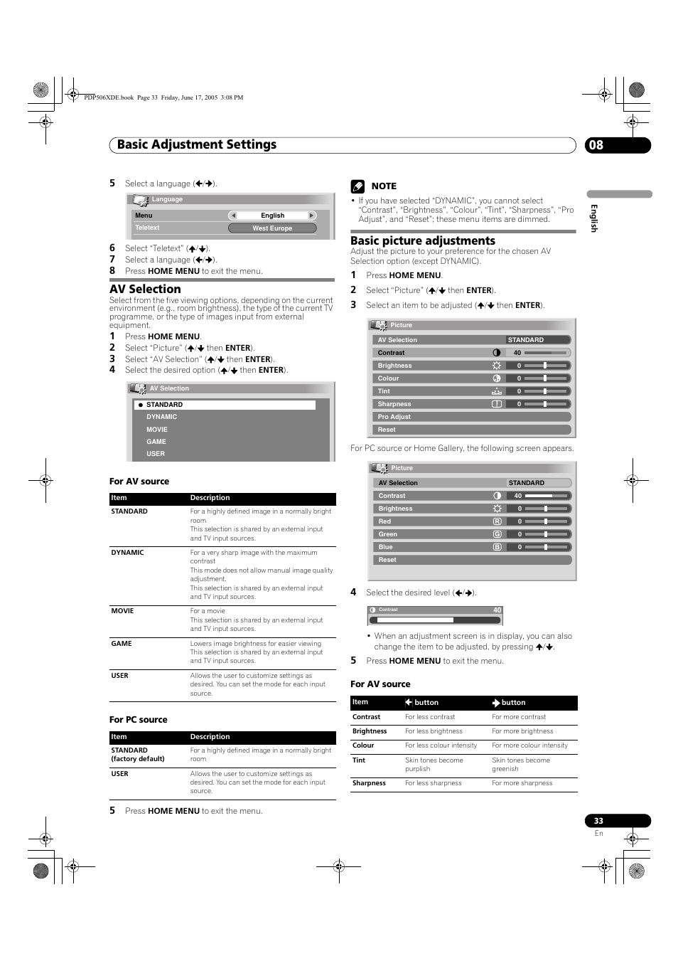 Av selection basic picture adjustments, Basic adjustment settings 08, Av selection | Basic picture adjustments | Pioneer PDP-506XDE User Manual | Page 33 / 236