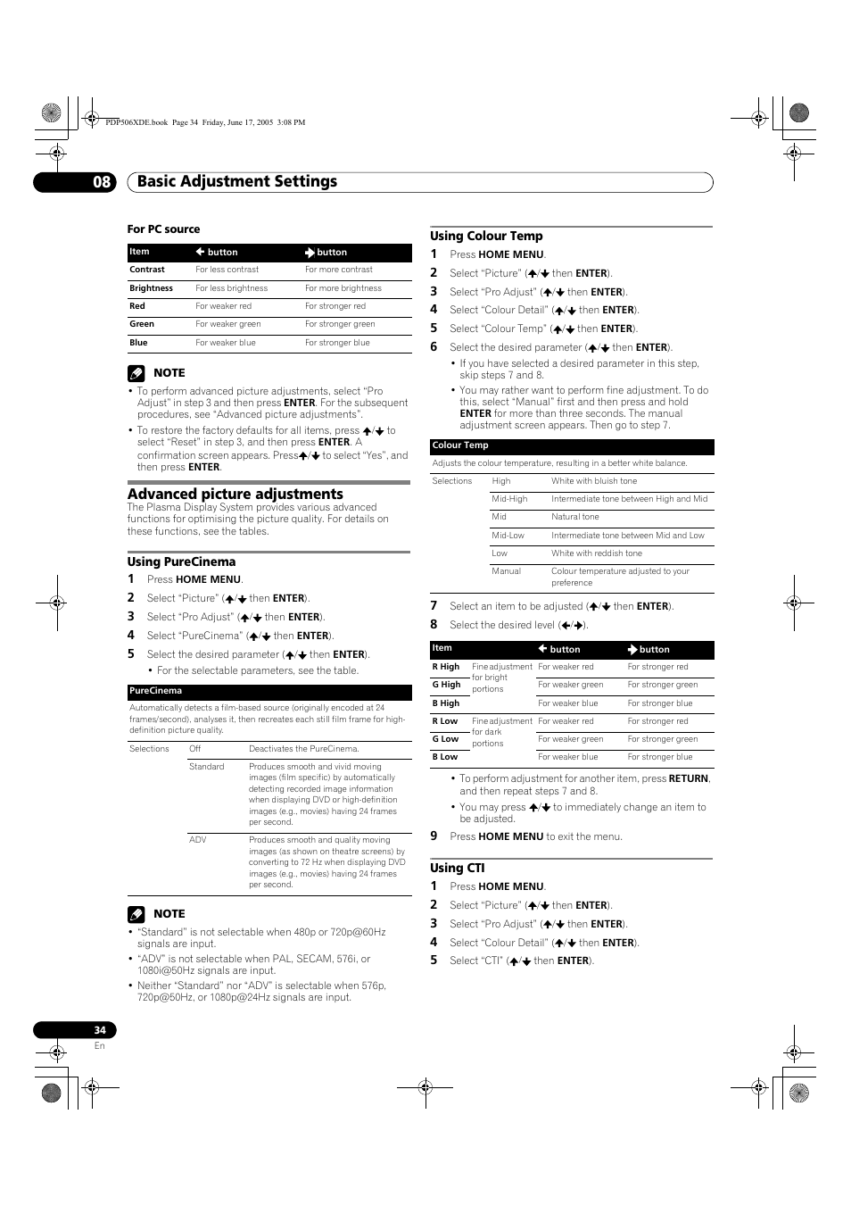 Advanced picture adjustments, Using purecinema using colour temp using cti, Basic adjustment settings 08 | Pioneer PDP-506XDE User Manual | Page 34 / 236