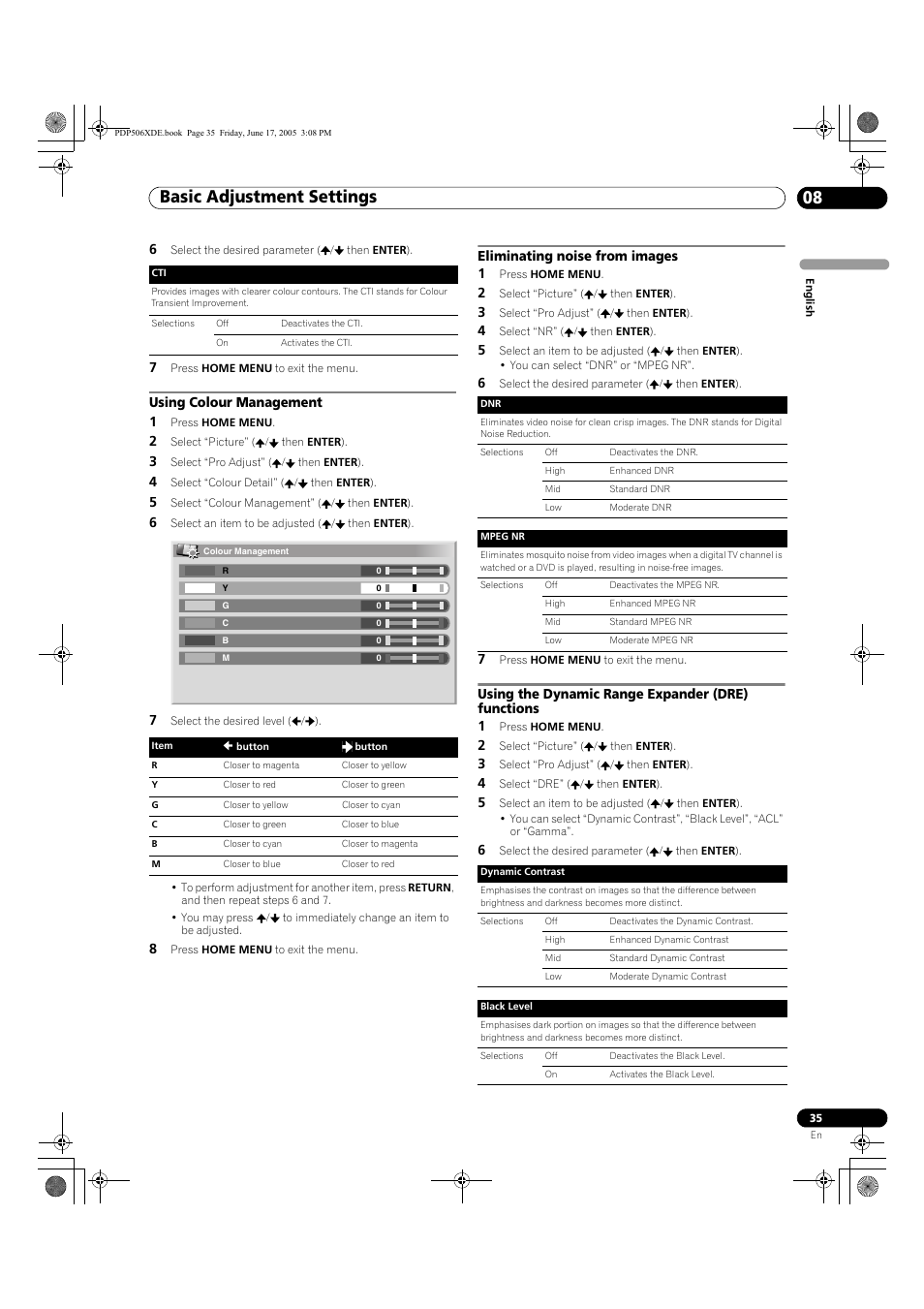 Basic adjustment settings 08 | Pioneer PDP-506XDE User Manual | Page 35 / 236