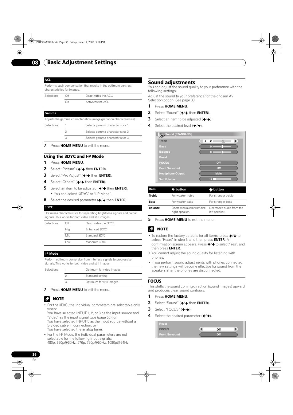 Using the 3dyc and i-p mode, Sound adjustments, Focus | Basic adjustment settings 08 | Pioneer PDP-506XDE User Manual | Page 36 / 236