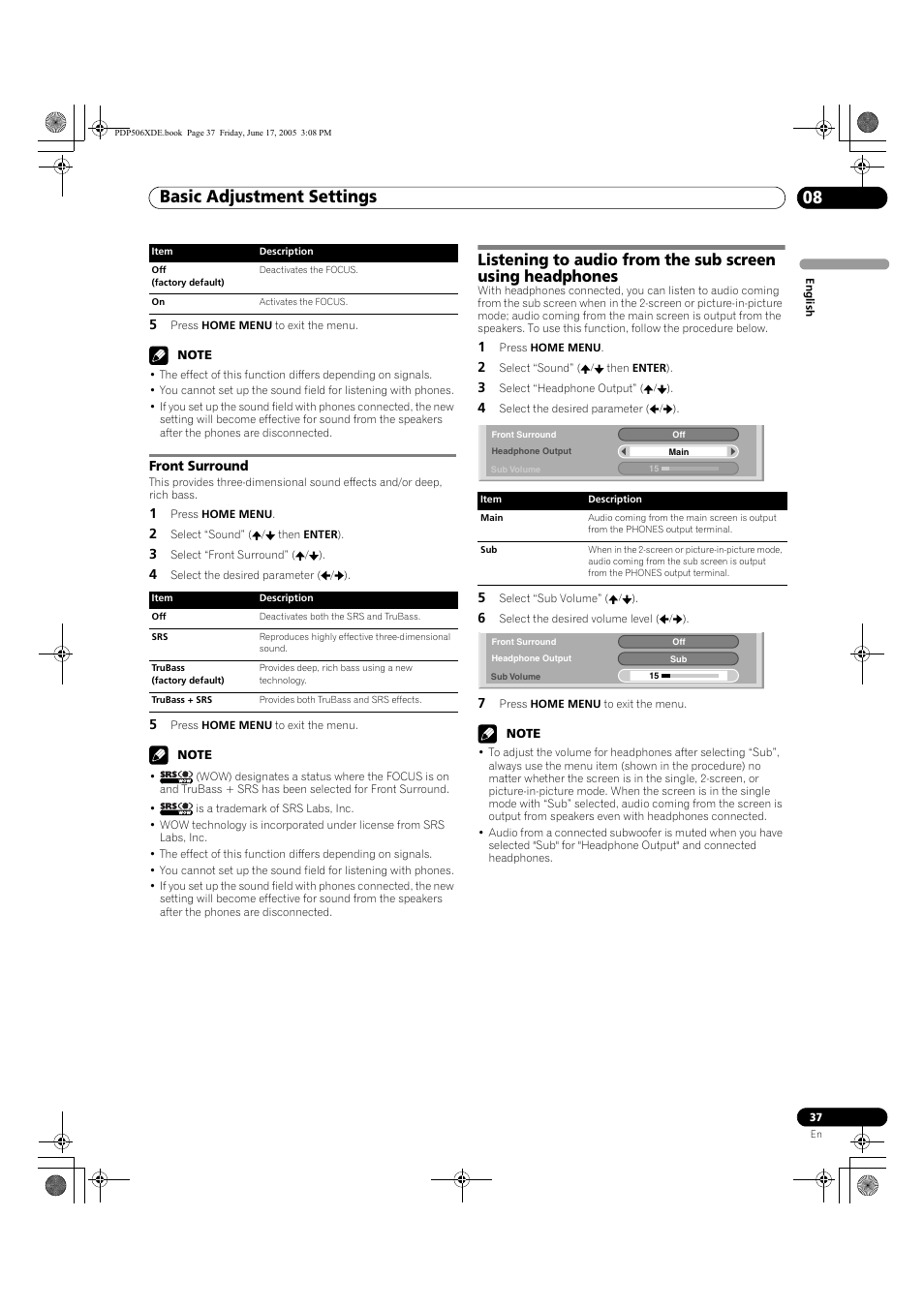 Front surround, Basic adjustment settings 08 | Pioneer PDP-506XDE User Manual | Page 37 / 236