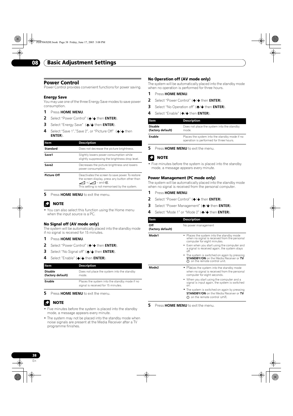 Power control, Basic adjustment settings 08 | Pioneer PDP-506XDE User Manual | Page 38 / 236