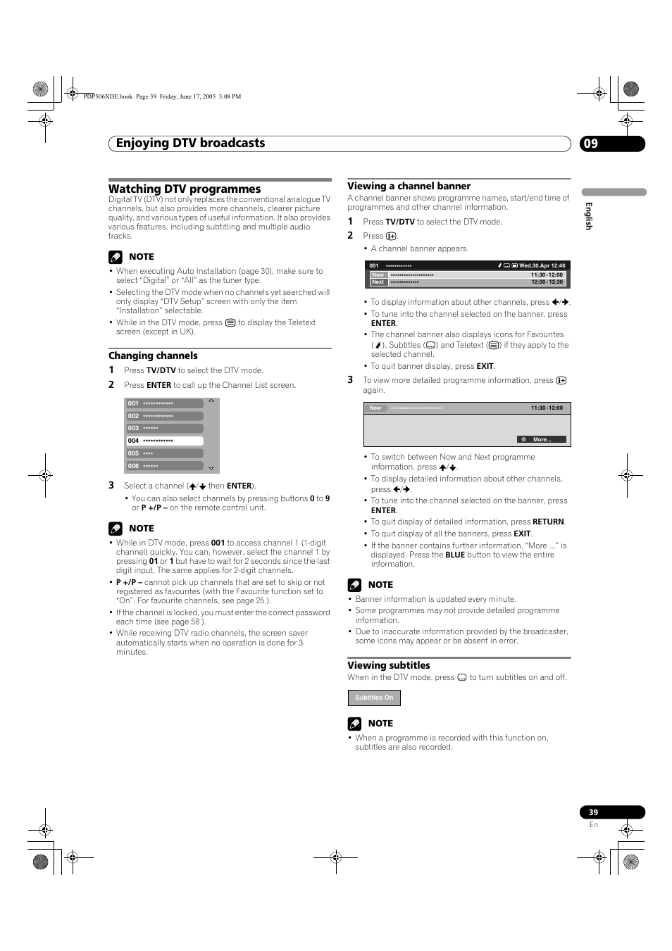 09 enjoying dtv broadcasts, Watching dtv programmes, Enjoying dtv broadcasts 09 | Enjoying dtv broadcasts | Pioneer PDP-506XDE User Manual | Page 39 / 236