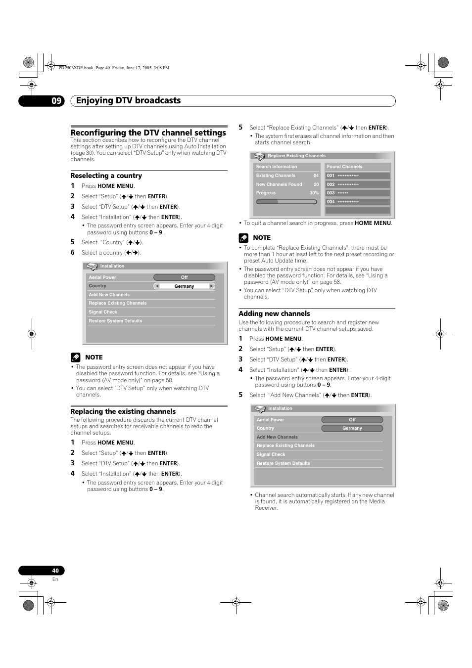 Reconfiguring the dtv channel settings, Enjoying dtv broadcasts 09 | Pioneer PDP-506XDE User Manual | Page 40 / 236
