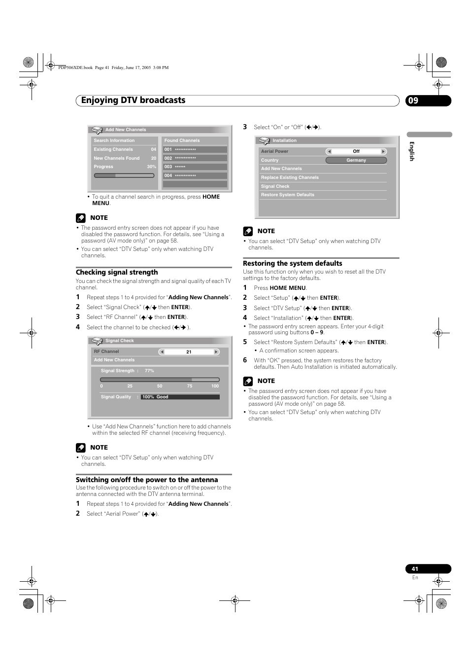 Checking signal strength, Enjoying dtv broadcasts 09 | Pioneer PDP-506XDE User Manual | Page 41 / 236