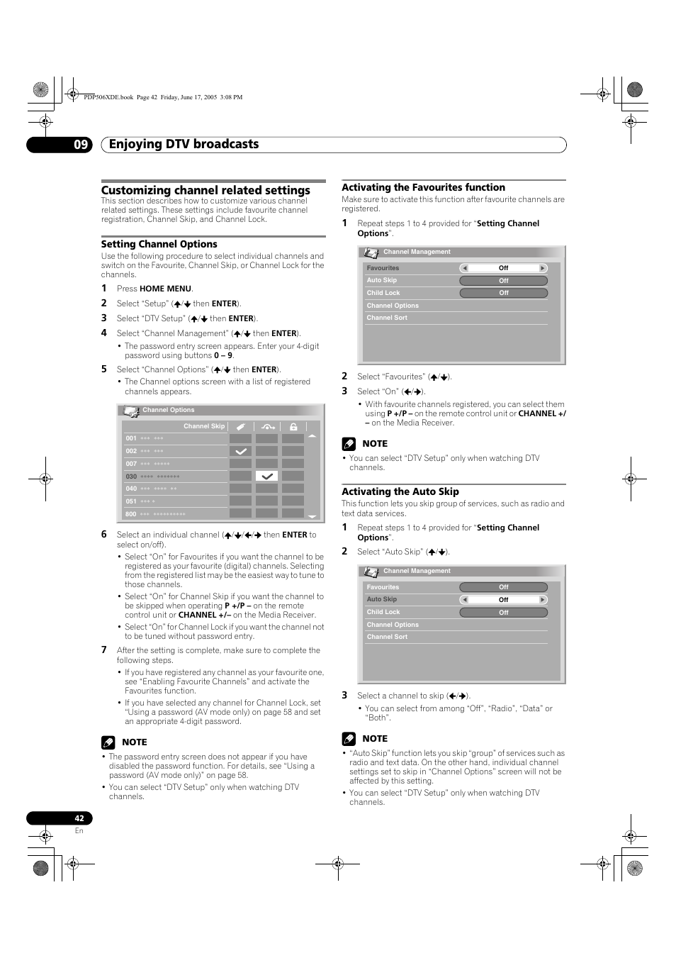 Customizing channel related settings, Enjoying dtv broadcasts 09 | Pioneer PDP-506XDE User Manual | Page 42 / 236