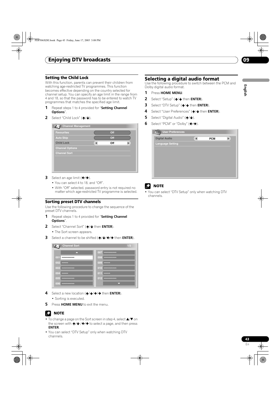 Setting the child lock sorting preset dtv channels, Selecting a digital audio format, Enjoying dtv broadcasts 09 | Pioneer PDP-506XDE User Manual | Page 43 / 236