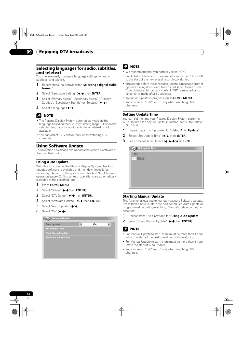Enjoying dtv broadcasts 09, Using software update | Pioneer PDP-506XDE User Manual | Page 44 / 236