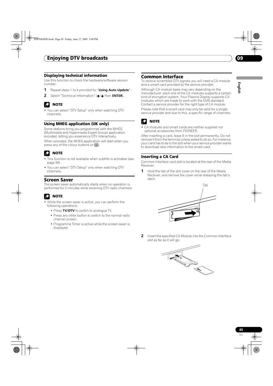 Screen saver common interface, Inserting a ca card, Enjoying dtv broadcasts 09 | Screen saver, Common interface | Pioneer PDP-506XDE User Manual | Page 45 / 236