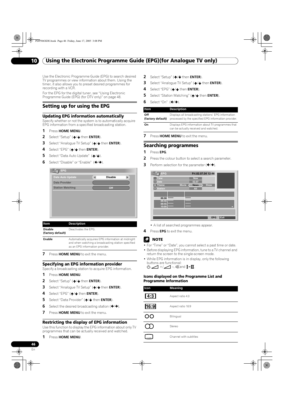 Setting up for using the epg, Searching programmes | Pioneer PDP-506XDE User Manual | Page 46 / 236