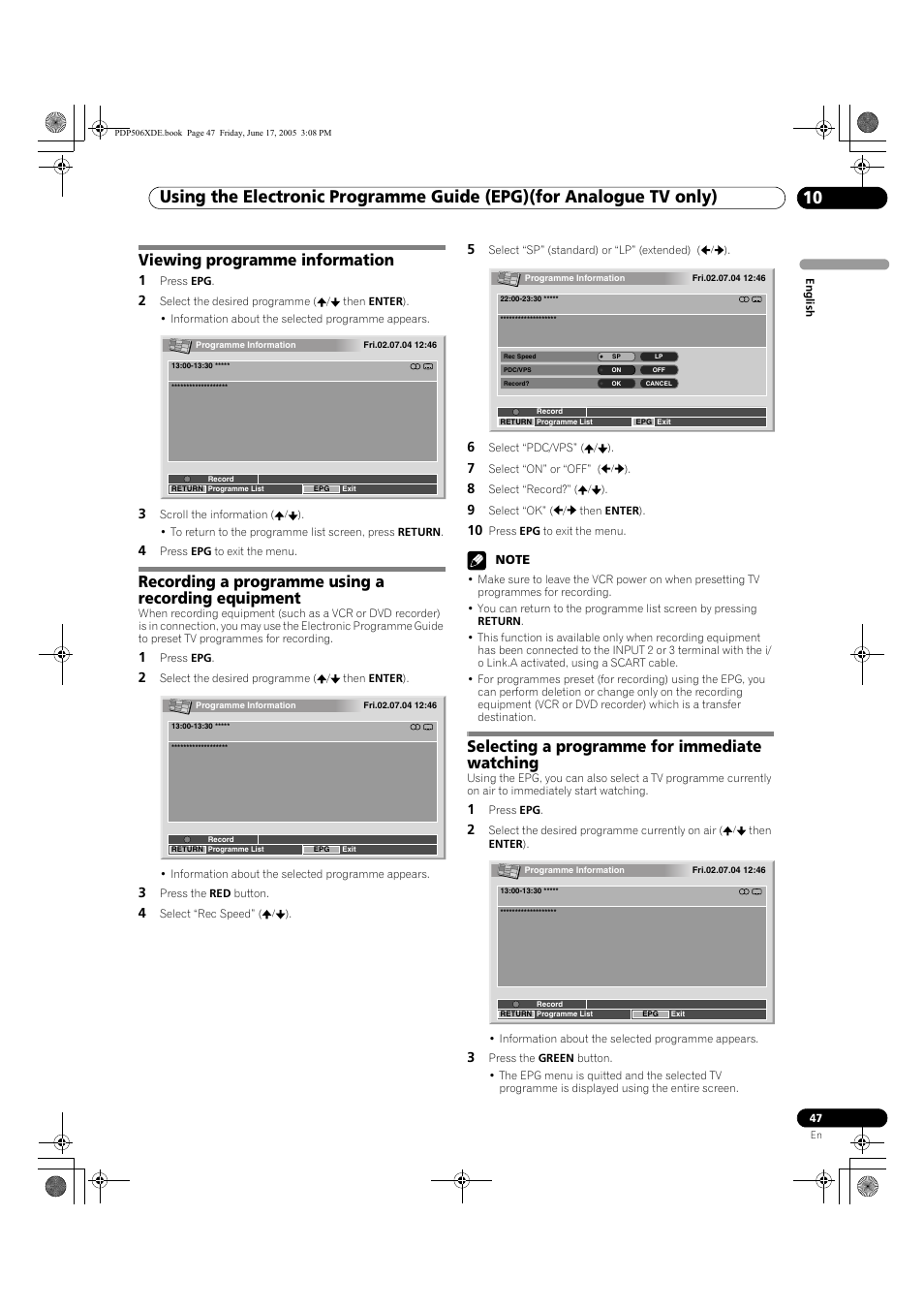 Viewing programme information, Recording a programme using a recording equipment, Selecting a programme for immediate watching | Pioneer PDP-506XDE User Manual | Page 47 / 236