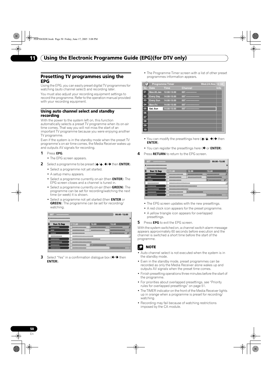 Presetting tv programmes using the epg, Using auto channel select and standby recording | Pioneer PDP-506XDE User Manual | Page 50 / 236