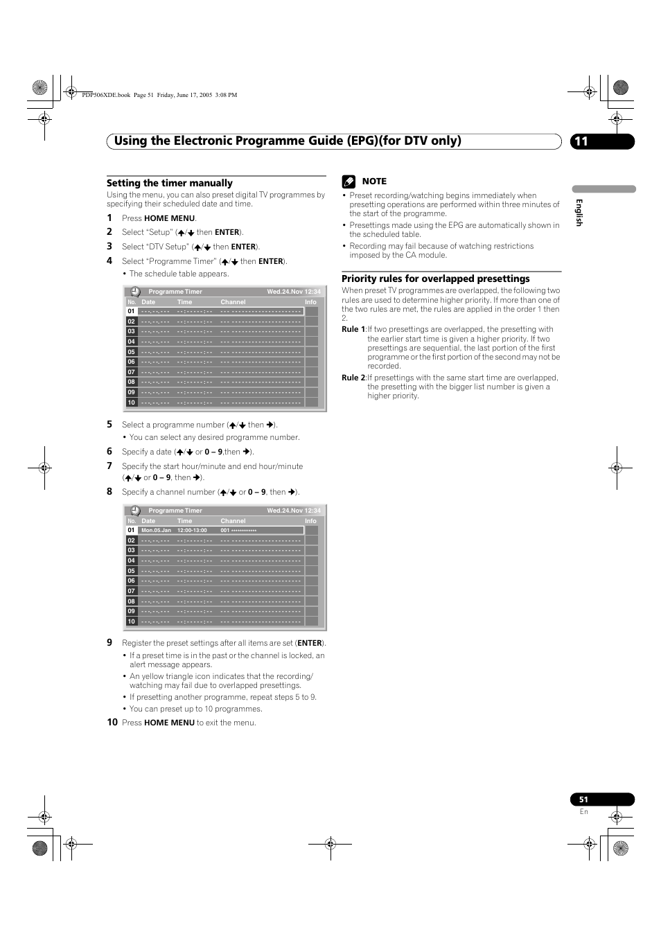 Setting the timer manually, Priority rules for overlapped presettings | Pioneer PDP-506XDE User Manual | Page 51 / 236
