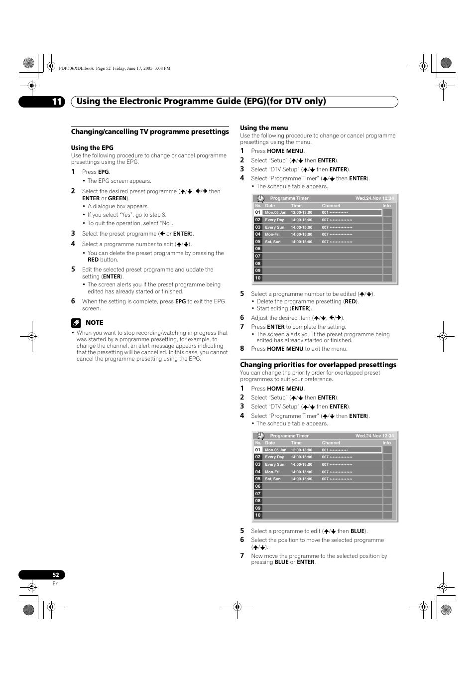 Changing/cancelling tv programme presettings, Changing priorities for overlapped presettings | Pioneer PDP-506XDE User Manual | Page 52 / 236