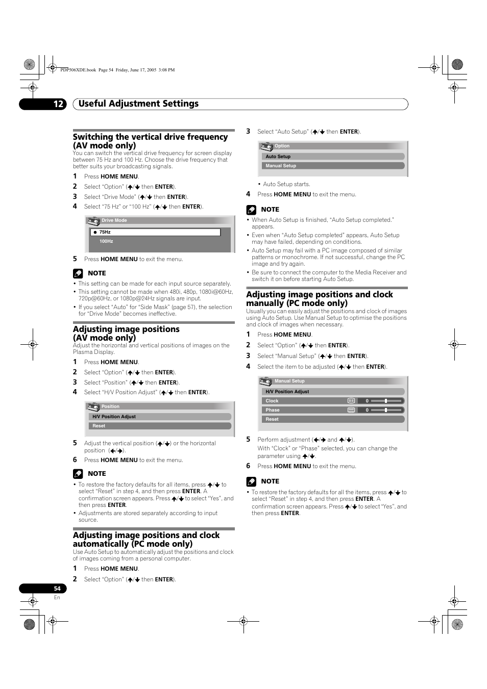 12 useful adjustment settings, Adjusting image positions (av mode only) | Pioneer PDP-506XDE User Manual | Page 54 / 236