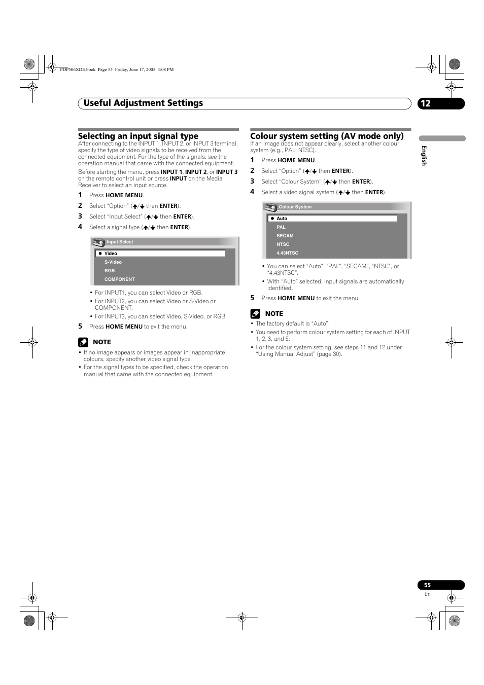 Useful adjustment settings 12, Selecting an input signal type, Colour system setting (av mode only) | Pioneer PDP-506XDE User Manual | Page 55 / 236