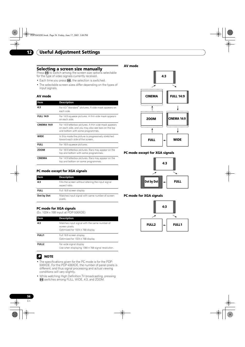 Selecting a screen size manually, Useful adjustment settings 12 | Pioneer PDP-506XDE User Manual | Page 56 / 236