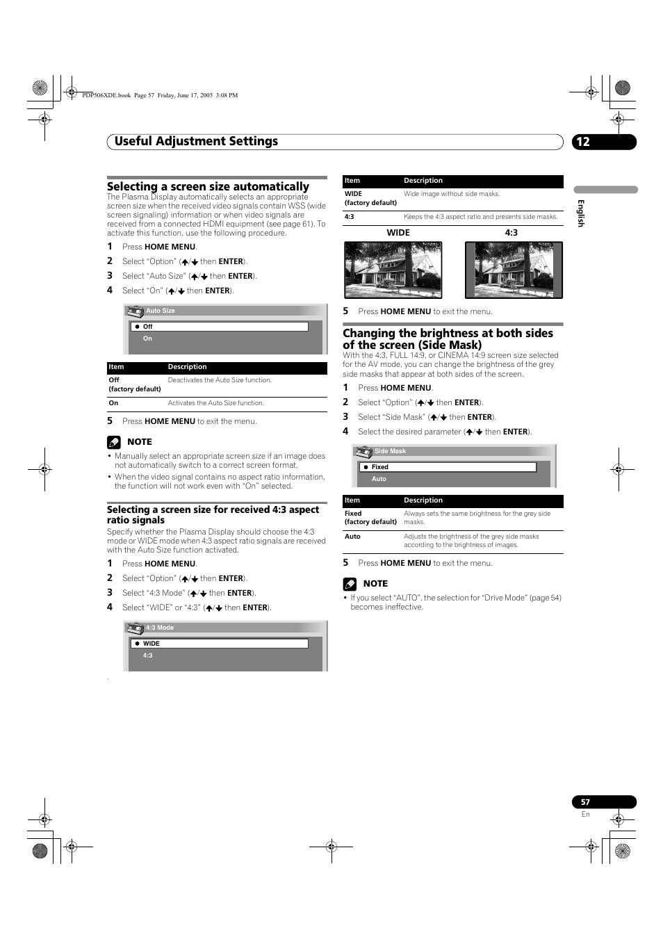 Selecting a screen size automatically, Useful adjustment settings 12 | Pioneer PDP-506XDE User Manual | Page 57 / 236