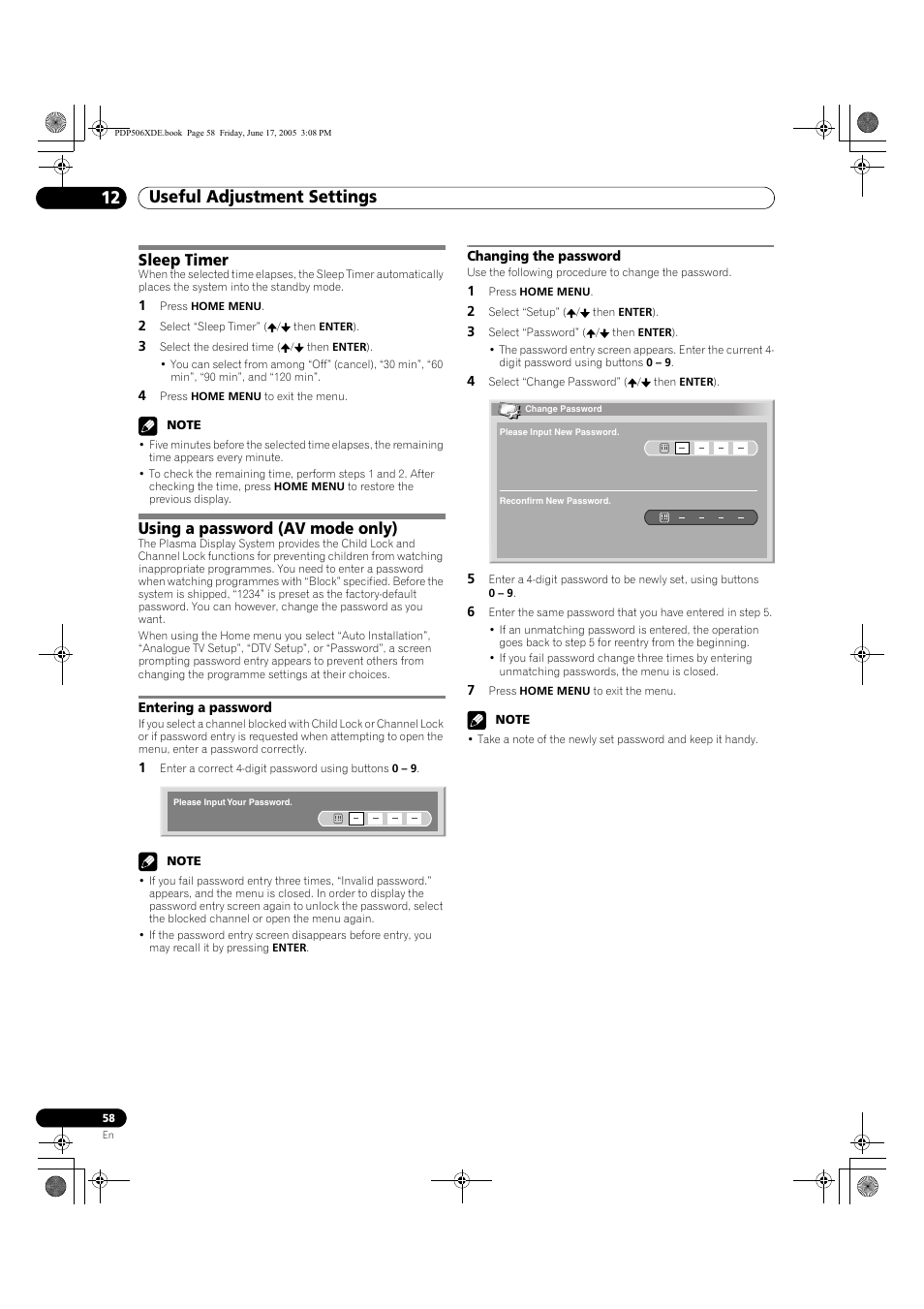 Sleep timer using a password (av mode only), Entering a password changing the password, Useful adjustment settings 12 | Sleep timer, Using a password (av mode only) | Pioneer PDP-506XDE User Manual | Page 58 / 236