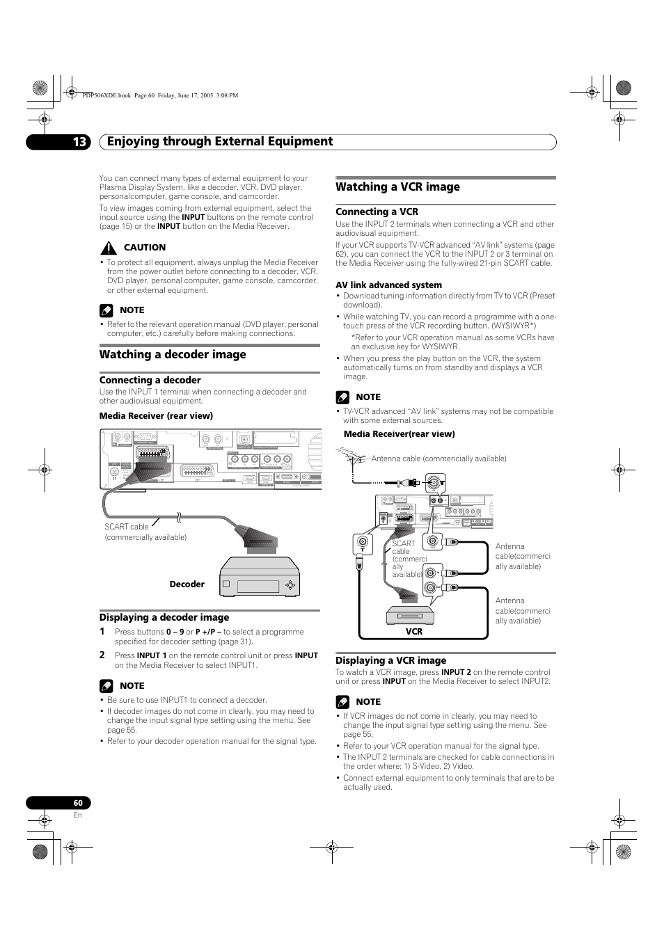 13 enjoying through external equipment, Watching a decoder image, Connecting a decoder displaying a decoder image | Watching a vcr image, Connecting a vcr displaying a vcr image, Connecting a decoder, Displaying a decoder image 1, Connecting a vcr, Displaying a vcr image, Input 1 | Pioneer PDP-506XDE User Manual | Page 60 / 236