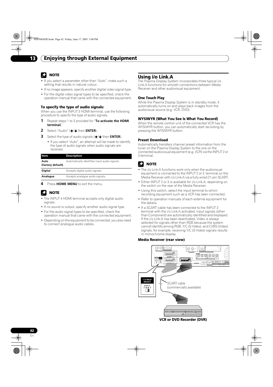 Using i/o link.a, Enjoying through external equipment 13, One touch play | Wysiwyr (what you see is what you record), Preset download, Media receiver (rear view), Vcr or dvd recorder (dvr) | Pioneer PDP-506XDE User Manual | Page 62 / 236