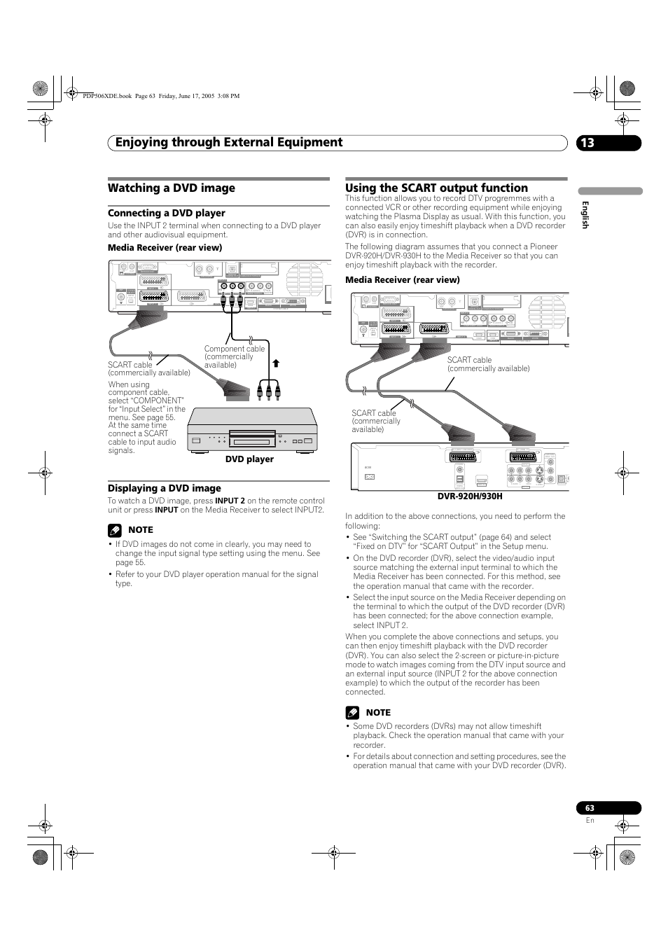 Watching a dvd image, Connecting a dvd player displaying a dvd image, Using the scart output function | Enjoying through external equipment 13, Connecting a dvd player, Displaying a dvd image, Media receiver (rear view), Dvd player, En gl is h, Scart cable (commercially available) | Pioneer PDP-506XDE User Manual | Page 63 / 236
