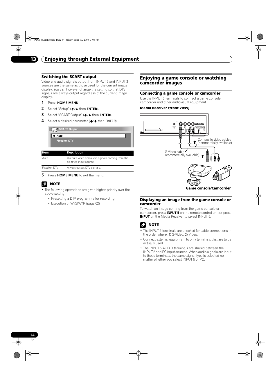 Switching the scart output, Enjoying through external equipment 13, Connecting a game console or camcorder | Pioneer PDP-506XDE User Manual | Page 64 / 236