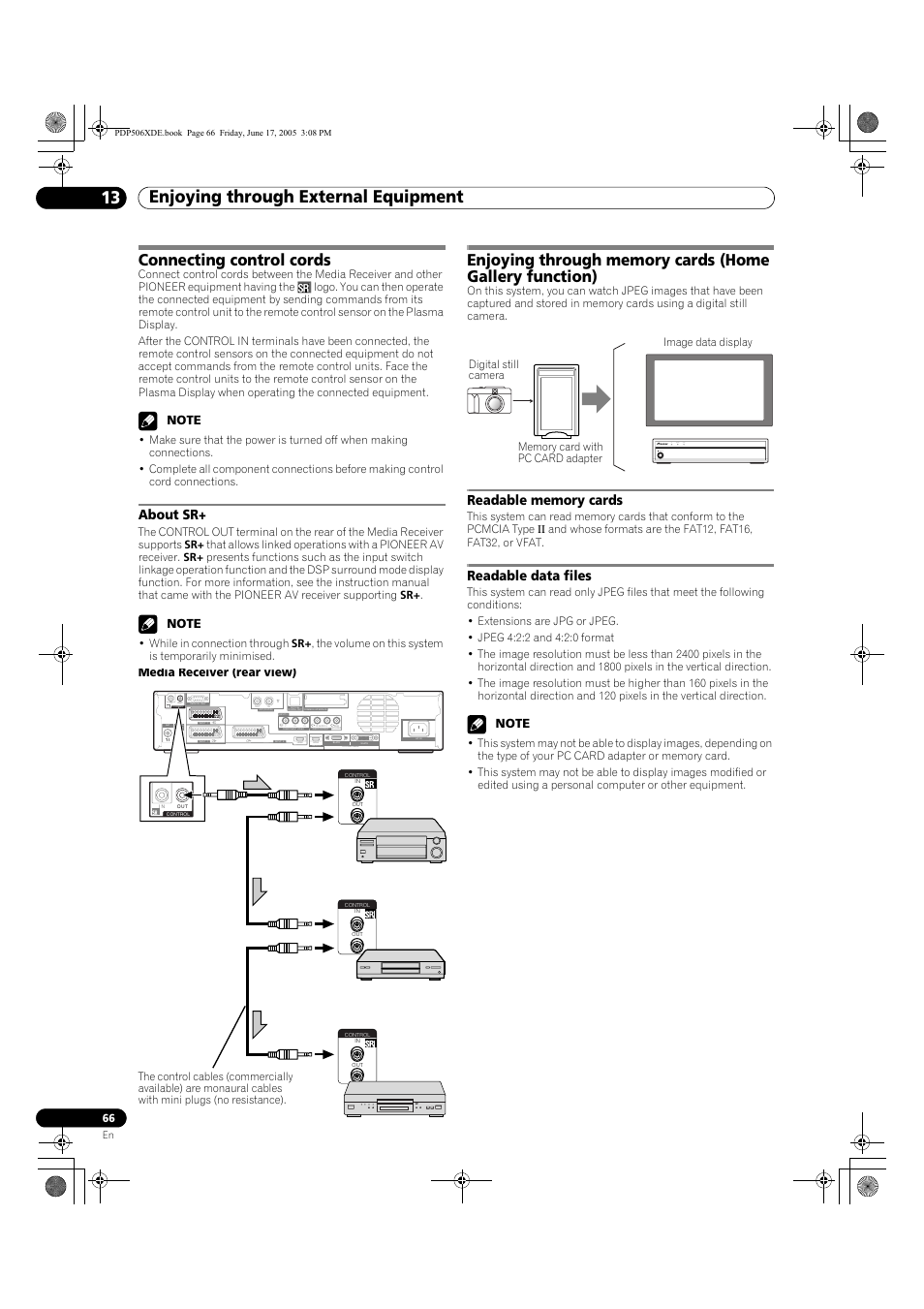 Connecting control cords, About sr, Readable memory cards readable data files | Enjoying through external equipment 13, Readable data files, Timer standby on standby/on pull open, Media receiver (rear view) | Pioneer PDP-506XDE User Manual | Page 66 / 236
