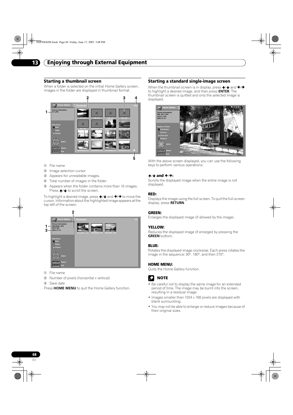 Enjoying through external equipment 13, Starting a thumbnail screen, Starting a standard single-image screen | Green, Yellow, Blue, Home menu | Pioneer PDP-506XDE User Manual | Page 68 / 236