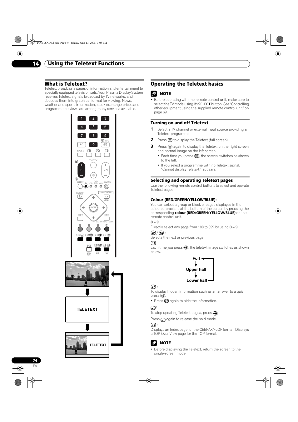 14 using the teletext functions, What is teletext? operating the teletext basics, What is teletext | Operating the teletext basics | Pioneer PDP-506XDE User Manual | Page 74 / 236