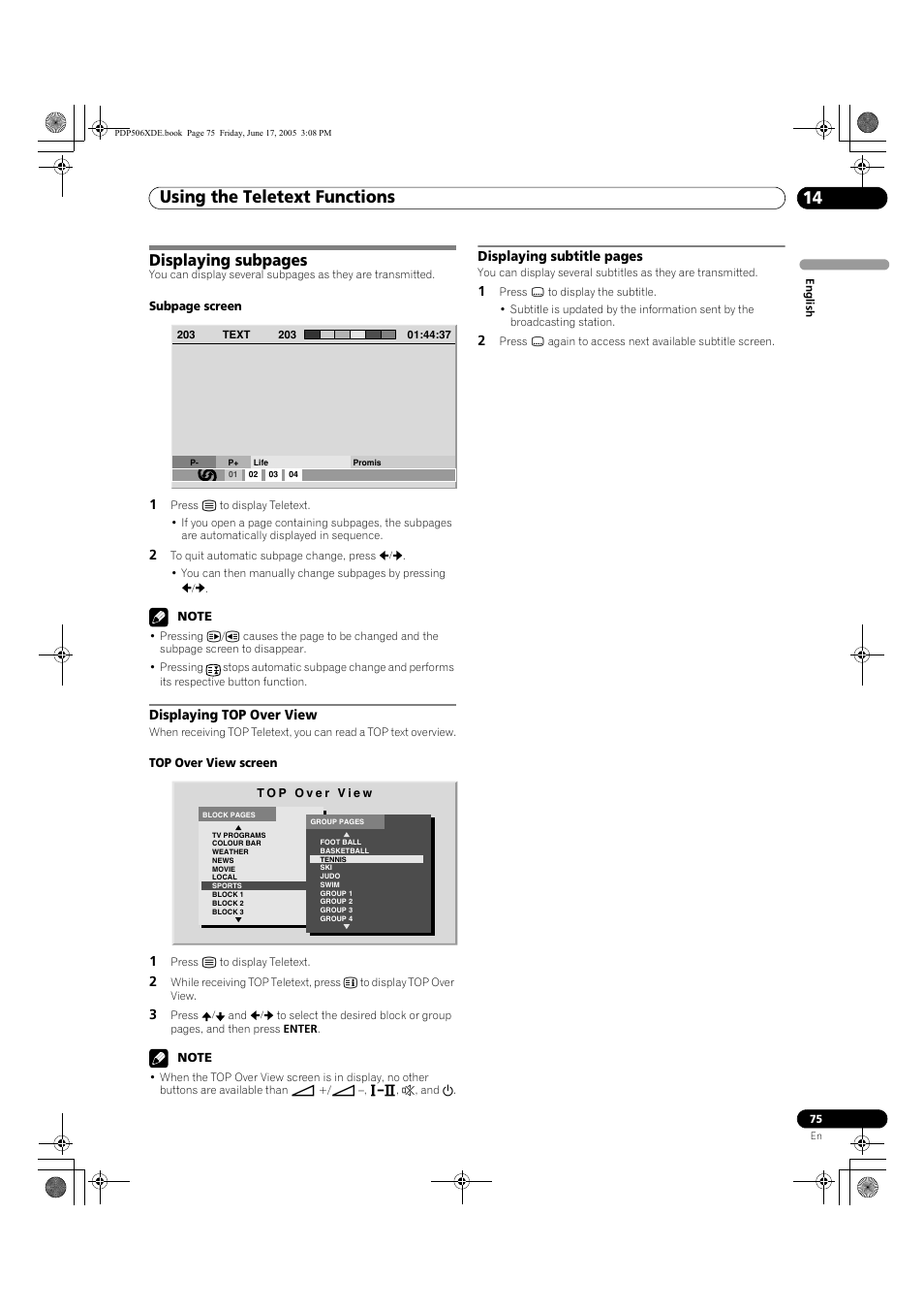 Using the teletext functions 14, Displaying subpages | Pioneer PDP-506XDE User Manual | Page 75 / 236