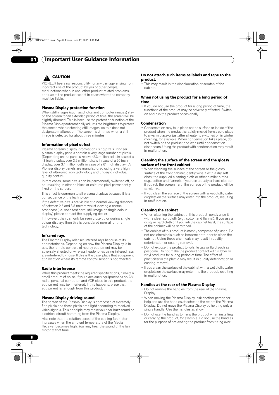 Important user guidance information 01 | Pioneer PDP-506XDE User Manual | Page 8 / 236