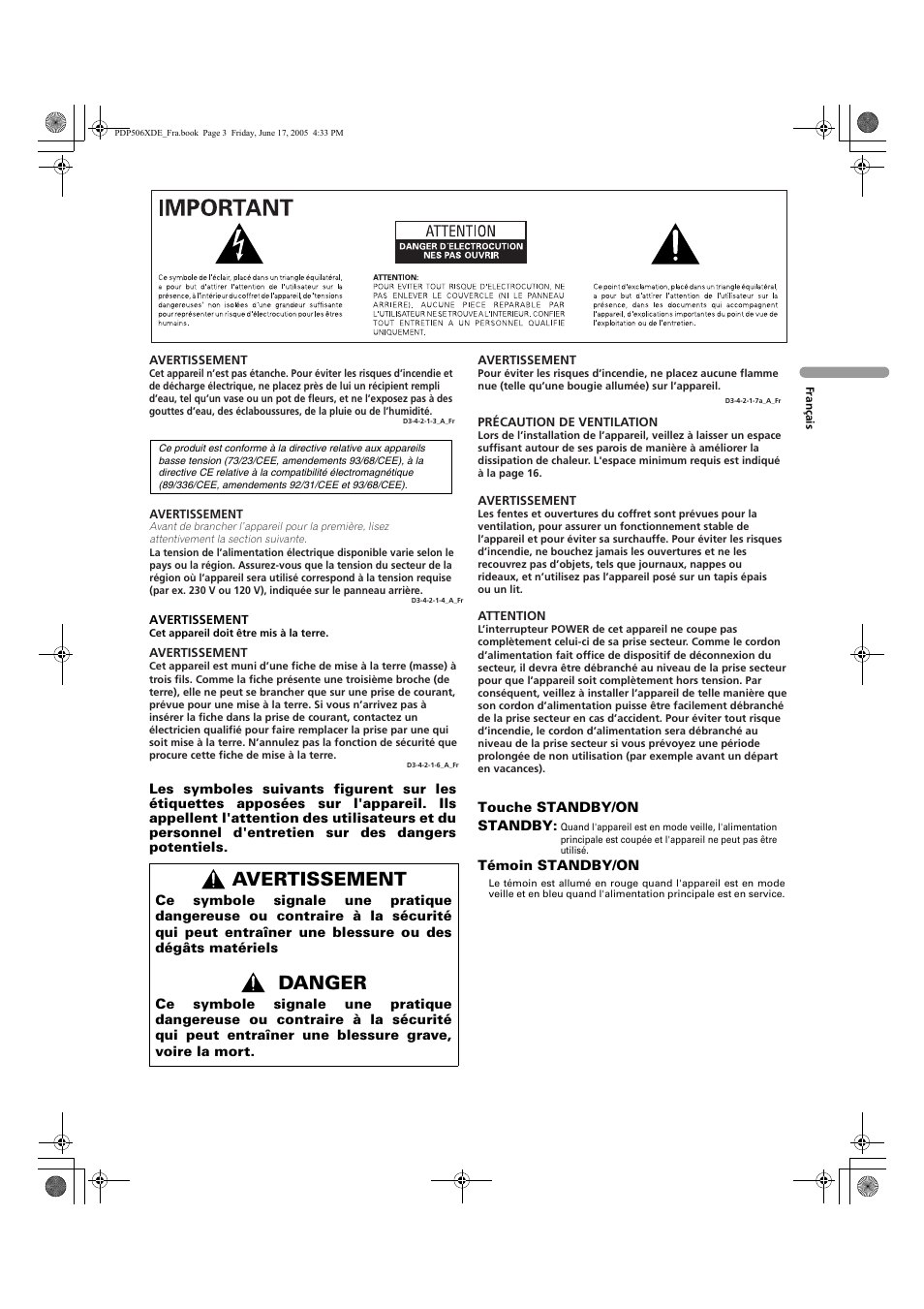 Avertissement, Danger | Pioneer PDP-506XDE User Manual | Page 81 / 236