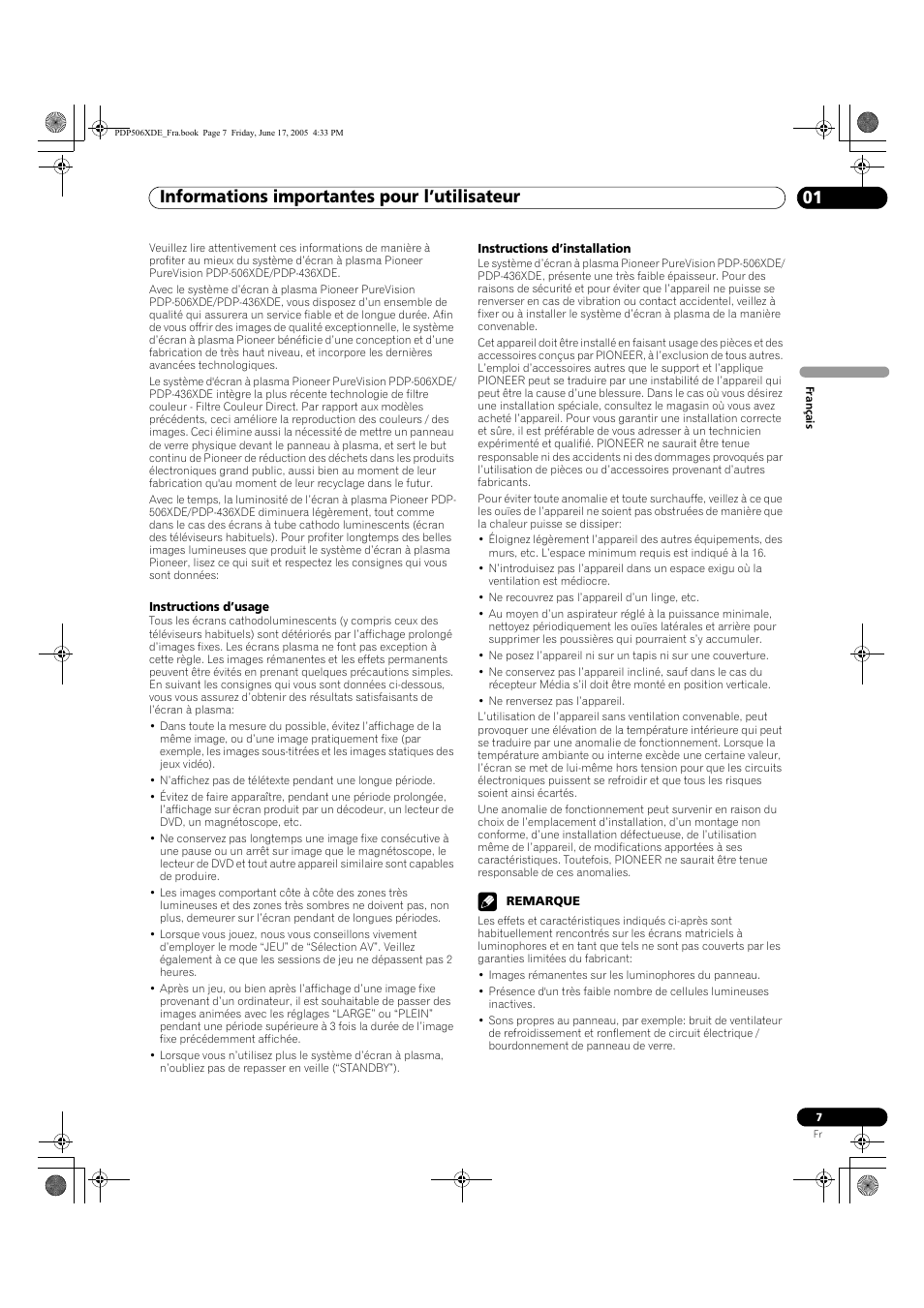 01 informations importantes pour, L’utilisateur, Informations importantes pour l’utilisateur 01 | Informations importantes pour l’utilisateur | Pioneer PDP-506XDE User Manual | Page 85 / 236