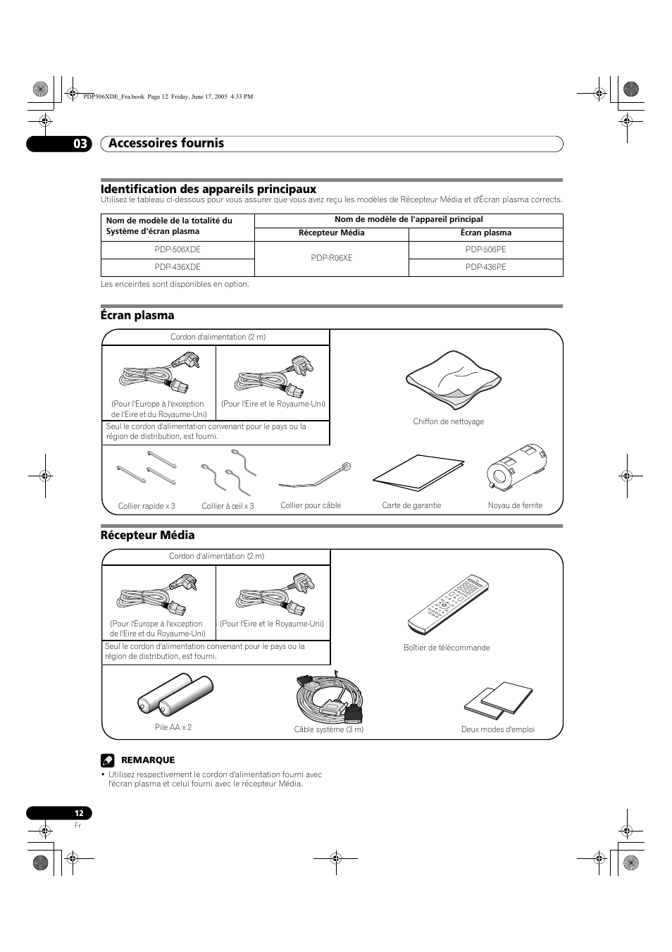 03 accessoires fournis, Accessoires fournis 03 accessoires fournis, Identification des appareils principaux | Écran plasma récepteur média | Pioneer PDP-506XDE User Manual | Page 90 / 236