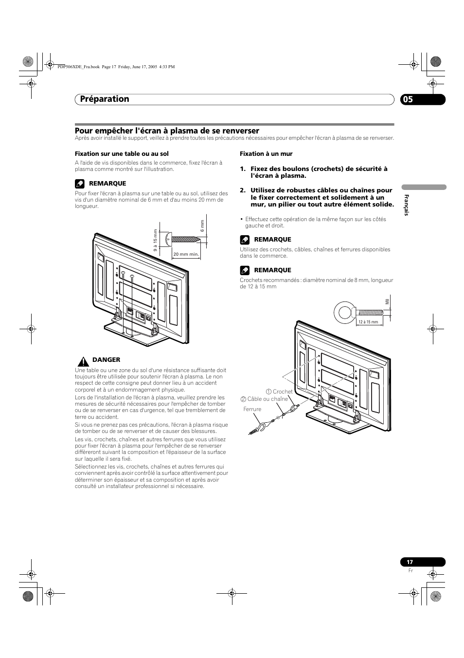 Pour empêcher l'écran à plasma de se renverser, Préparation 05 | Pioneer PDP-506XDE User Manual | Page 95 / 236