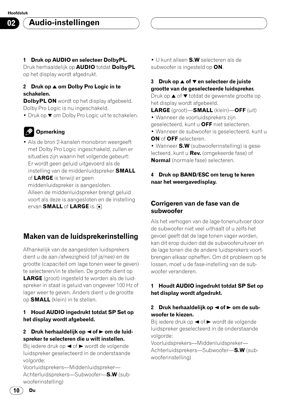 Maken van de luidsprekerinstelling 10, Corrigeren van de fase van de, Subwoofer 10 | Audio-instellingen, Maken van de luidsprekerinstelling | Pioneer DEQ-P7000 User Manual | Page 100 / 112