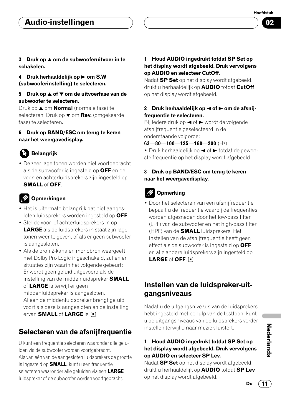 Uitgangsniveaus 11, Audio-instellingen, Selecteren van de afsnijfrequentie | Instellen van de luidspreker-uit- gangsniveaus | Pioneer DEQ-P7000 User Manual | Page 101 / 112