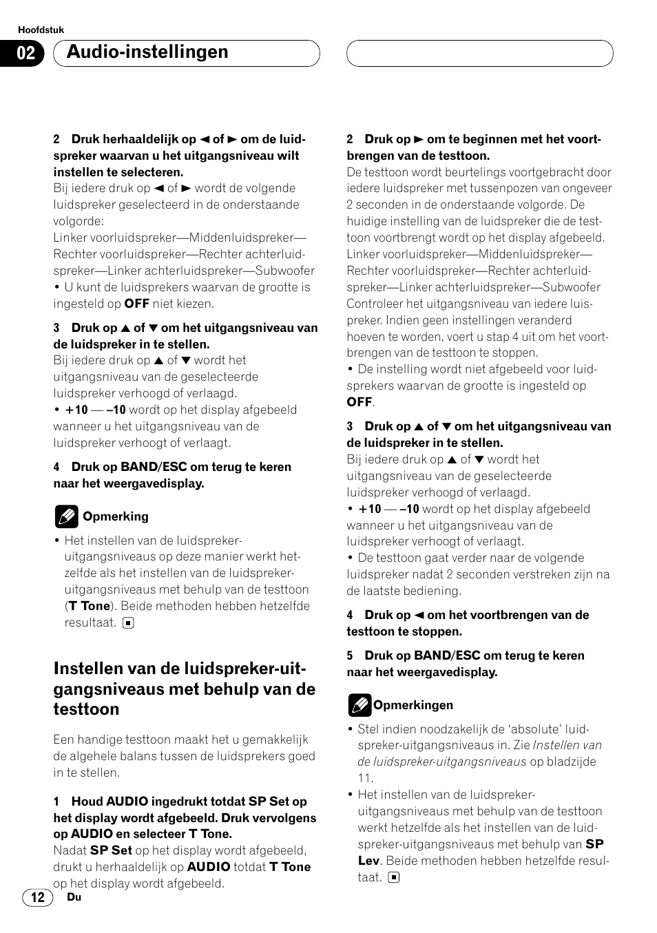 Instellen van de luidspreker, Uitgangsniveaus met behulp van de test- toon 12, Audio-instellingen | Pioneer DEQ-P7000 User Manual | Page 102 / 112