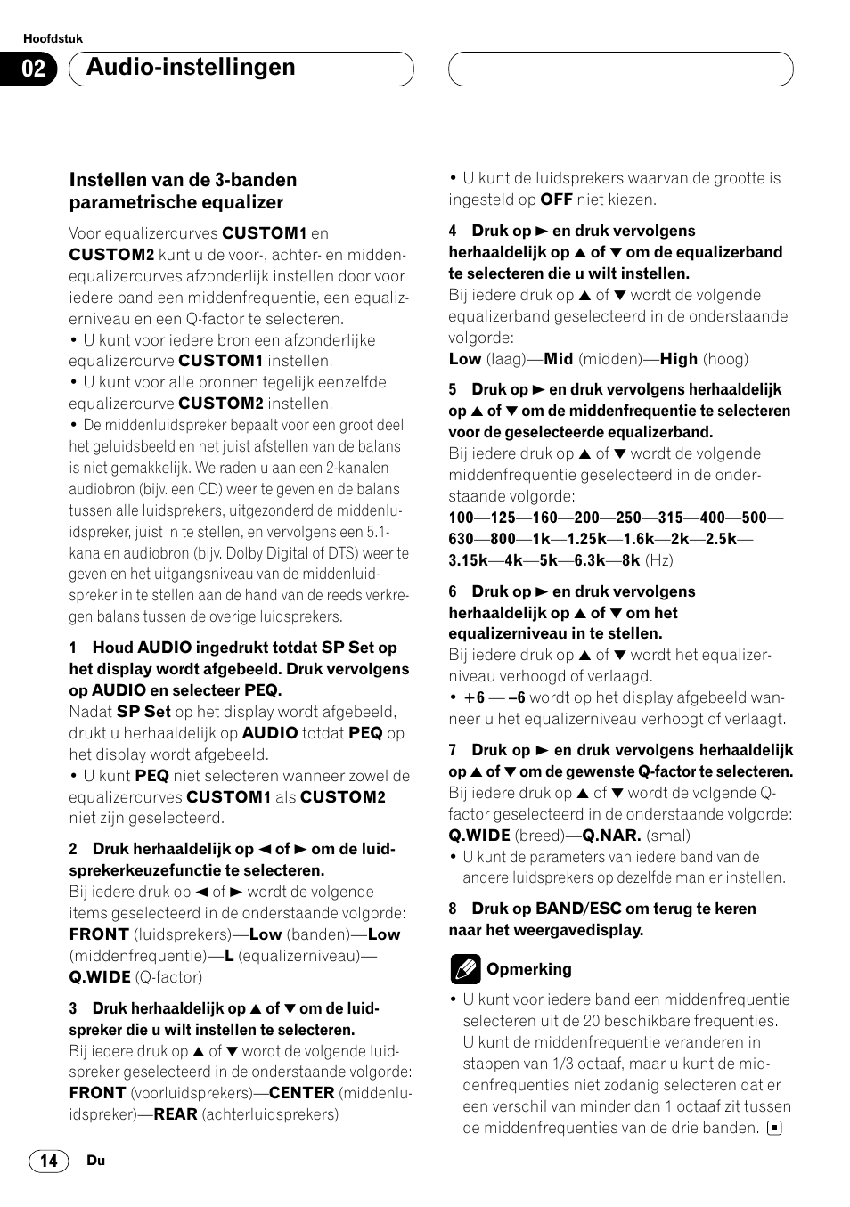 Instellen van de 3-banden, Parametrische equalizer 14, Audio-instellingen | Pioneer DEQ-P7000 User Manual | Page 104 / 112