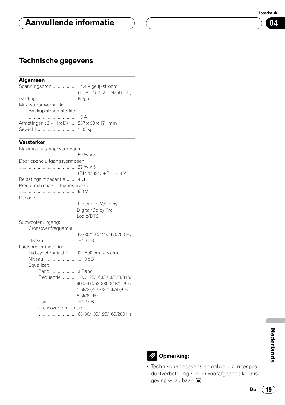 Technische gegevens 19, Aanvullende informatie, Technische gegevens | Pioneer DEQ-P7000 User Manual | Page 109 / 112