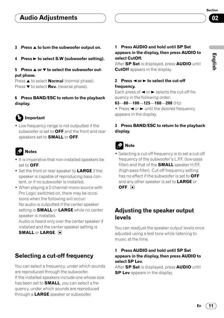 Audio adjustments, Selecting a cut-off frequency, Adjusting the speaker output levels | Pioneer DEQ-P7000 User Manual | Page 11 / 112