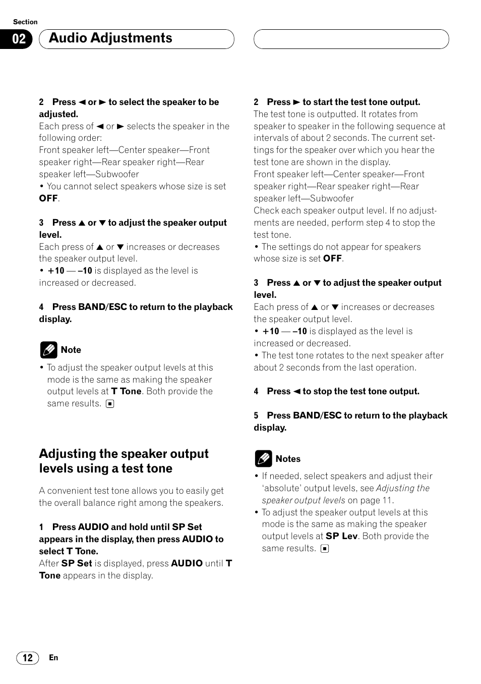 Adjusting the speaker output levels using a, Test tone 12, Audio adjustments | Pioneer DEQ-P7000 User Manual | Page 12 / 112