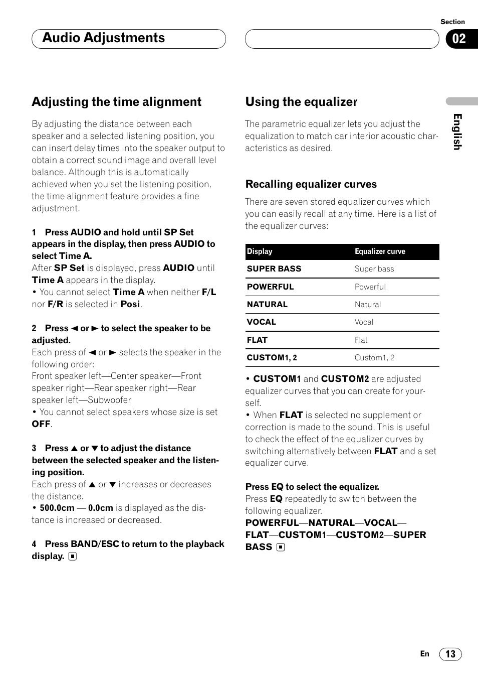 Recalling equalizer curves 13, Audio adjustments, Adjusting the time alignment | Using the equalizer | Pioneer DEQ-P7000 User Manual | Page 13 / 112
