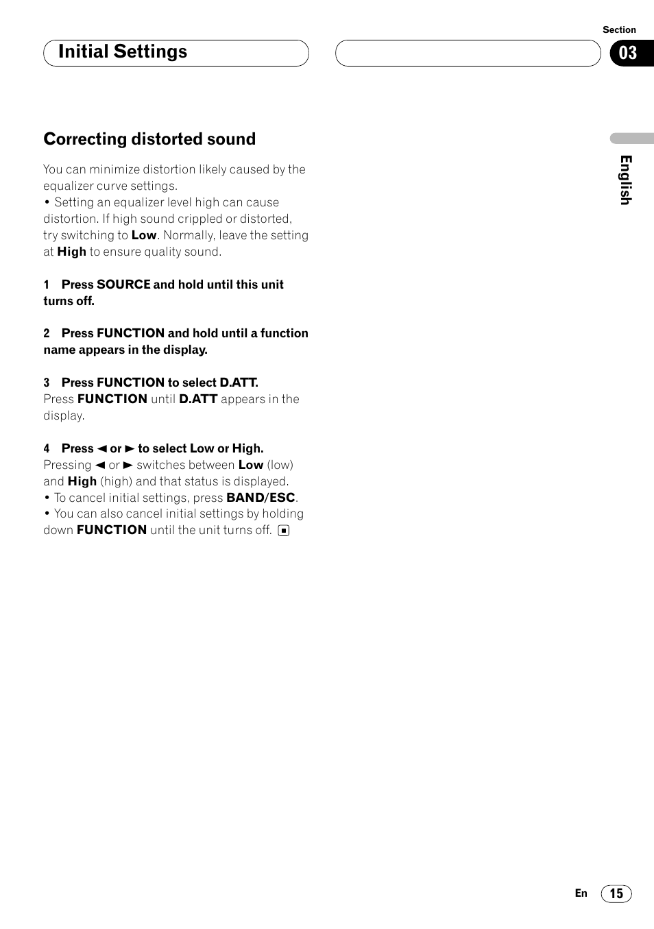 Correcting distorted sound 15, Initial settings, Correcting distorted sound | Pioneer DEQ-P7000 User Manual | Page 15 / 112