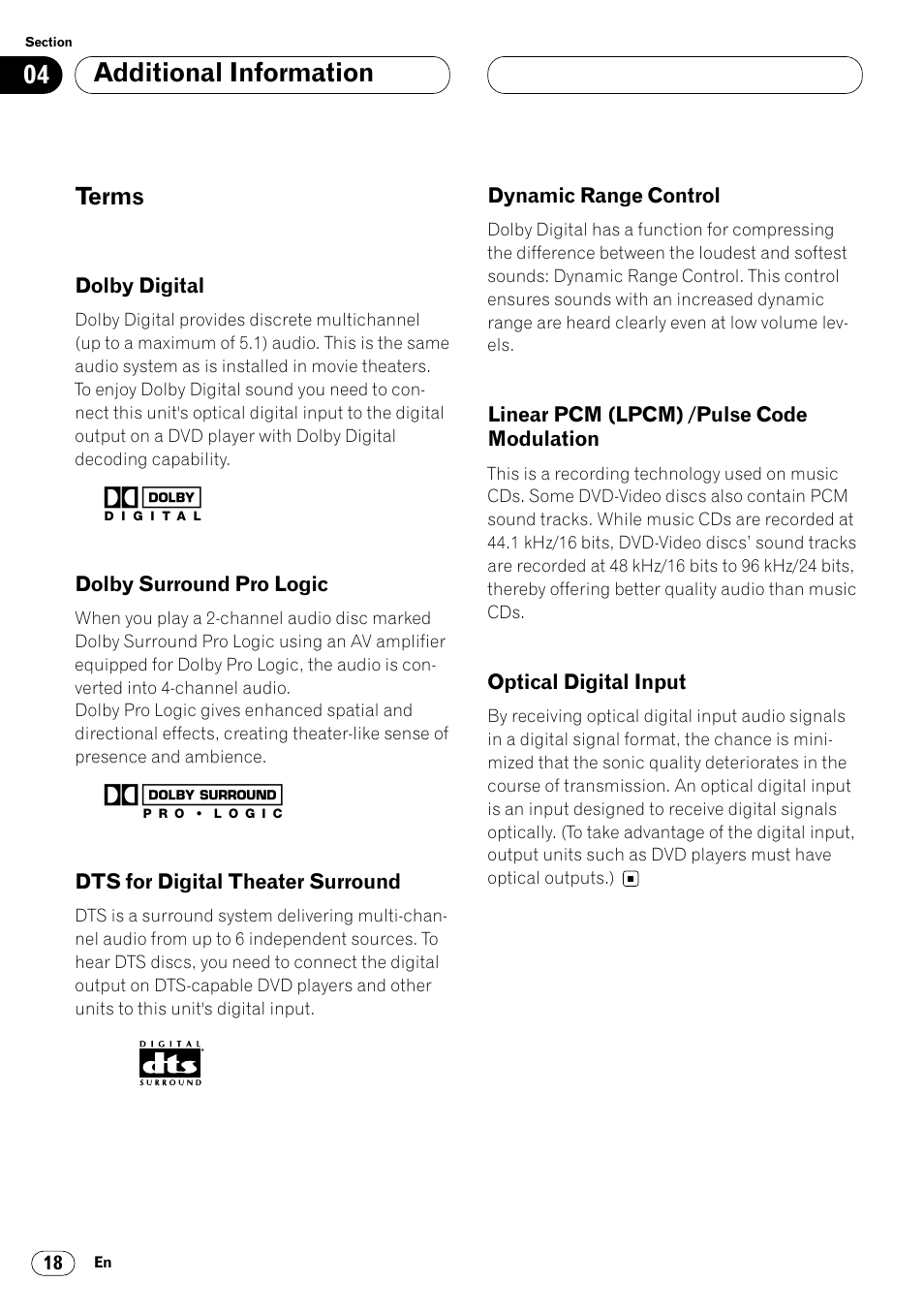 Terms 18, Additional information | Pioneer DEQ-P7000 User Manual | Page 18 / 112