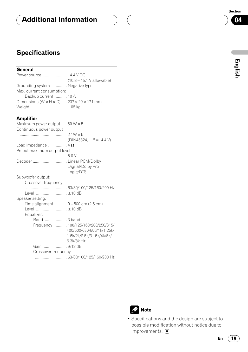 Specifications 19, Additional information, Specifications | Pioneer DEQ-P7000 User Manual | Page 19 / 112